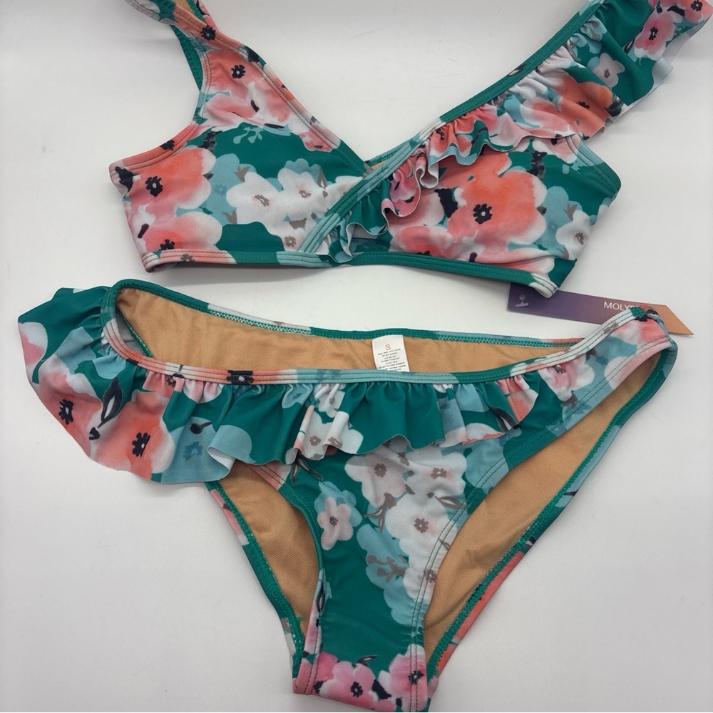 Molybell Women's Floral Ruffle Bikini Swimsuit, Small, Teal Peach